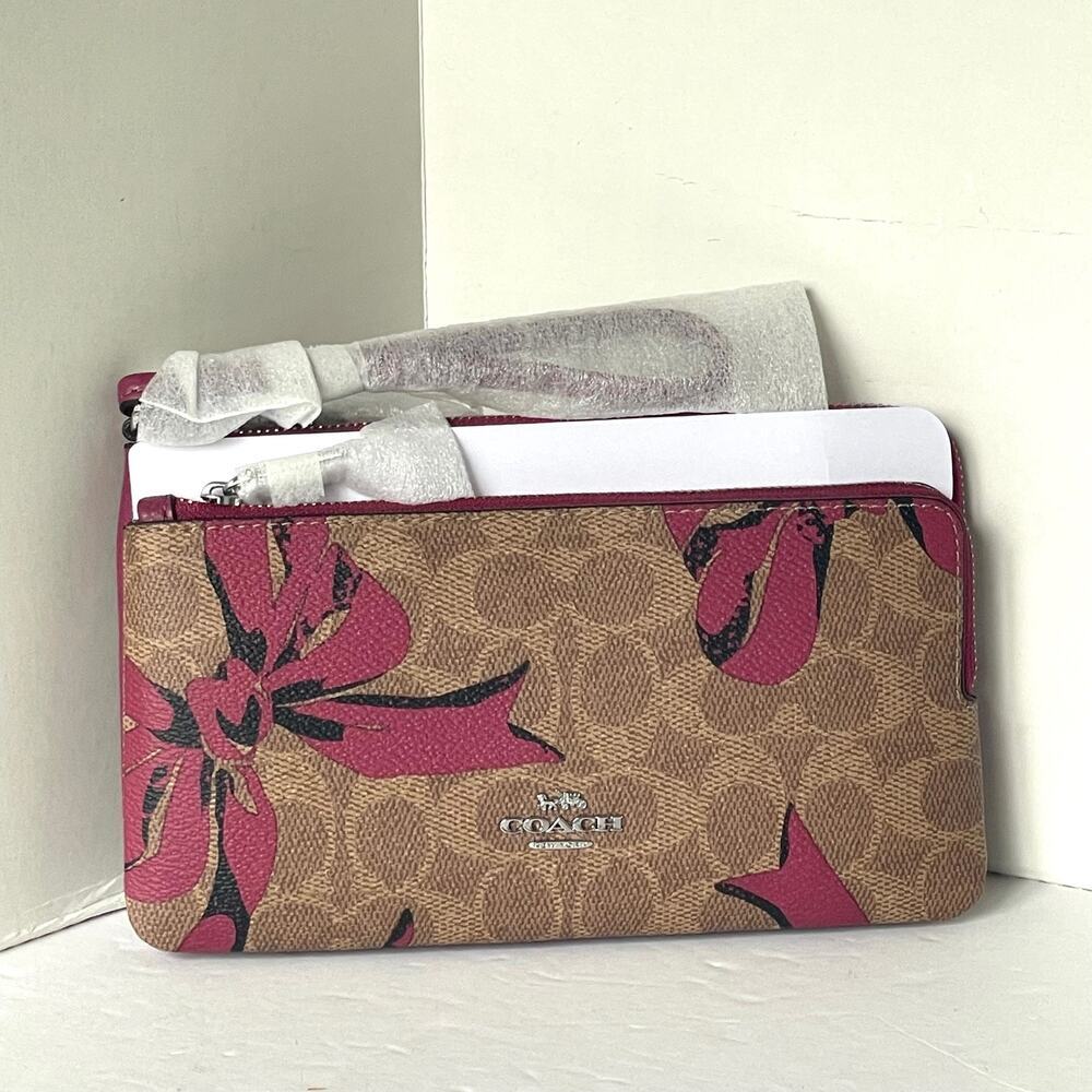 Coach CAA84 Double Zip Phone Wallet Red Bow Signature Canvas Wristlet - Picture 9 of 9